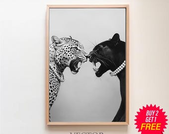 Chic Leopard and Panther Print, Elegant Wild Cats in Pearls, Black and White Animal Photography, Instant Download, Fashionable Jungle Art