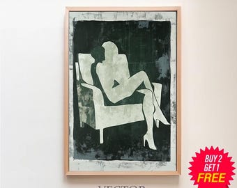 Arte de pared grande con personas abstractas Arte contemporáneo Impresión minimalista Arte de pared verde esmeralda Descarga digital Impresión de regalo para pareja con rayas imprimibles