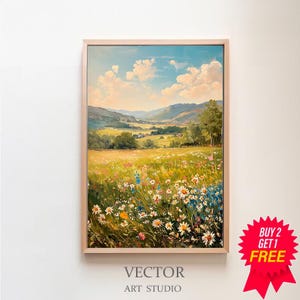 Spring Printable Wildflower Field Landscape Painting, Spring Print Vintage Farmhouse Printable Neutral Wall Art Digital Download Spring Art