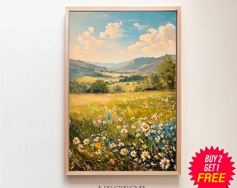 Frühling druckbare Wildblumen Feld Landschaft Malerei, Frühling Druck Vintage Bauernhaus druckbare neutrale Wand Kunst digitaler Download Frühling Kunst