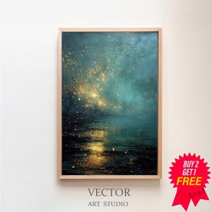 Pode incluir: Impressão de arte abstrata emoldurada em madeira. A obra apresenta uma paleta de cores verde-azulado e dourado, retratando um céu estrelado refletindo na água. O texto "VECTOR ART STUDIO" está na parte inferior.