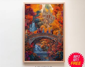 Impresión artística digital roja de Fantasy Fellowship, ilustración de anillos de poder encantadores, pintura de paisaje élfico místico, regalo de cumpleaños