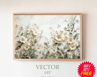 3D Frame Tv Art Wildflowers | Digital Download Samsung Frame Tv Art Textured Flower Field | Neutral Colored Spring Floral Art for Tv