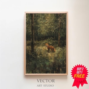 Antique Fox Oil Painting, Vintage Forest Animal Art, Traditional English Gardens Artwork Giclee Lush House, Original Print