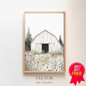 Printable Rustic Barn Art, White Barn Painting, Rustic Farmhouse Summer Decor, Digital Download, Countryside Print