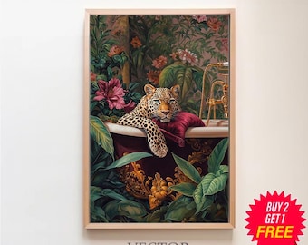 Poster Su Tela Leopardo E Vasca Da Bagno - Quadro Artistico Tropicale 30x30 Cm - Pronto Da Appendere