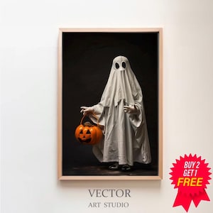 Ghost Holding A Jack O Lantern, Vintage Poster, Art Poster Print, Dark Academia, Halloween Decor, Haunting Ghost