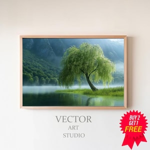 Weeping Willow Landscape Art | PRINTABLE Wall Decor | Weeping Willow Tree Painting | Tranquil Art | Moody Rustic Landscape Art