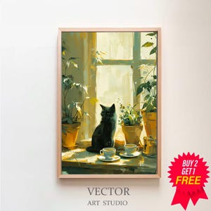 Impresión retro de gato negro y café, póster con ilustración de tazas de té vintage, decoración de cocina, regalo para mamá gata, arte de pared para comedor, pintura de naturaleza muerta