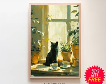 Retro Black Cat & Coffee Print, Vintage Tea Cups Illustration Poster, Kitchen Decor, Cat Mom Gift, Dining Room Wall Art, Still Life Painting