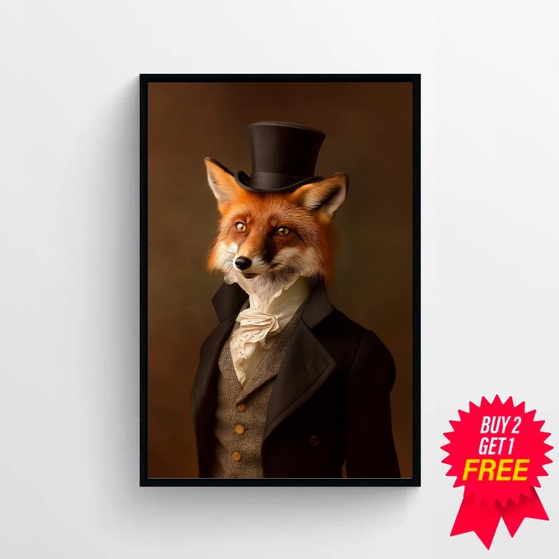 Fagin Fox Vintage Portrait, Victorian Fox Painting, Dark Forest