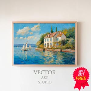 Vintage Beach House Oil Painting, Coastal Summer Beach House Decor, Samsung Frame TV Art, Digital Download