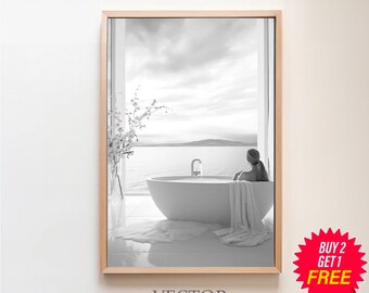 Woman Drinking Wine in Bathtub Print, Printable Bathroom Wall Art, Bar Cart Poster, Black and White, Girl Bathroom Decor, Digital Download