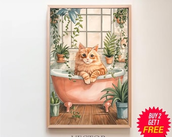 Kat badkamer botanische kunst print poster, badkamer decor kunstwerk, kattenbad muur kunst tropische boho decoratie