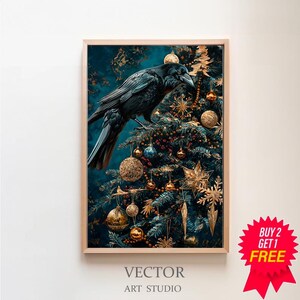 Christmas Raven, Vintage Poster, Art Poster Print, Dark Academia, Gothic Victorian Crow, Gothic Christmas, Christmas Wall Art