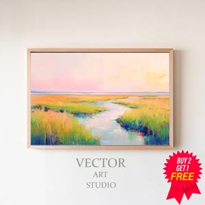 Pastel Marsh Sunset Landscape Painting | Pink Beach House Printable Digital Download | Carolina Lowcountry Coastal Watercolor Wall Art Print