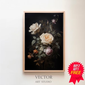 Vintage Moody Dark Flower Print, Printable Digital Art, Dark Academia Botanical Wall Art Floral Still Life Oil Painting