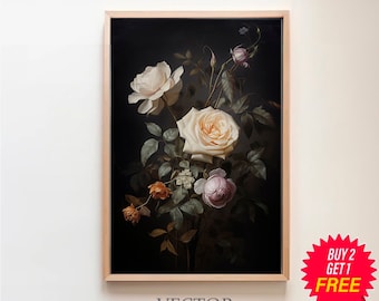 Vintage schwermütige dunkle Blumendruck, druckbare digitale Kunst, dunkle Academia botanische Wandkunst Blumenstillleben-Ölgemälde