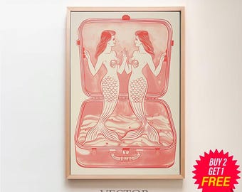 Stampa di sardine sirene, arte murale della cucina, stampa di latta di sardine, arte rossa e rosa, arredamento della sala da pranzo, arredamento retrò della cucina, arte retrò del cibo