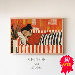 Modern Abstract Wall Art - Woman on Red Orange Striped Couch - Unique Line Drawing - Large Canvas Print for Vibrant Home Decor