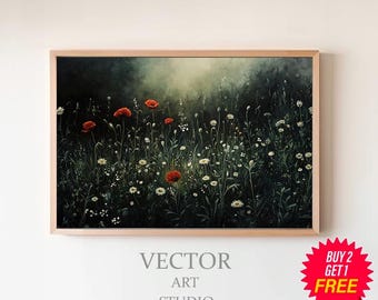 Vintage Dark Floral Printable Art, Moody Botanical Flower Painting Print, Dark Academia Aesthetics Digital Download, Farmhouse Wall Art