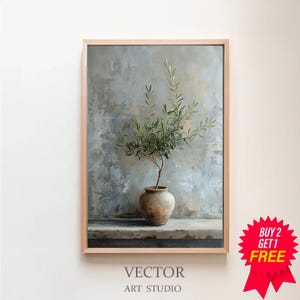 Olive Tree in Aged Vase Painting, PRINTABLE ART, Vertical Art Print, Vintage Botanical Art