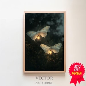 Drawn To The Light, Moth Art, Moth Illustrations, Magic Art Print, Boho Aesthetic, Cottagecore Nature Print, Dark Academia Art