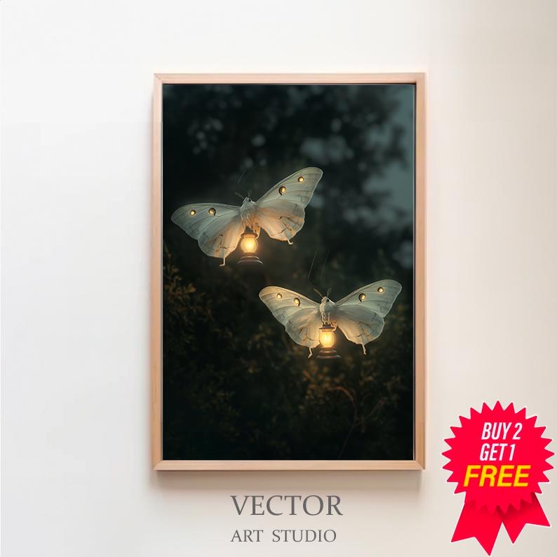 Drawn To The Light, Moth Art, Moth Illustrations, Magic Art Print, Boho Aesthetic, Cottagecore Nature Print, Dark Academia Art