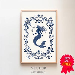 Blaue Meerjungfrau kokett, Vintage nautische Galerie Wandkunst, Küstenästhetik, antikes Wanddekor, Meerjungfrau, neutrale Kunst