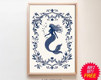 Blue Coquette Mermaid Printable, Vintage Nautical Gallery Wall Art, Coastal Aesthetic, Antique Wall Decor, Mermaid Download, Neutral Art