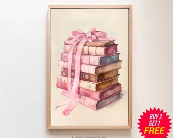 Book Lover Wall Art, Pile of Books, Bookworm Print, Book Nook Room Decor, Poster for Readers, Trendy Watercolor Art, Bow Coquette Aesthetic