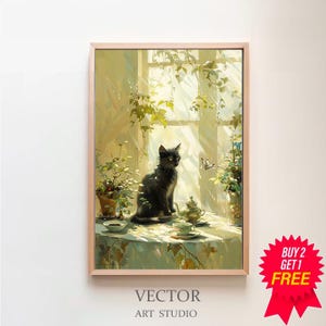 Impresión retro de gato negro y café, póster con ilustración de tazas de té vintage, decoración de cocina, regalo para mamá gata, arte de pared para comedor, pintura de naturaleza muerta