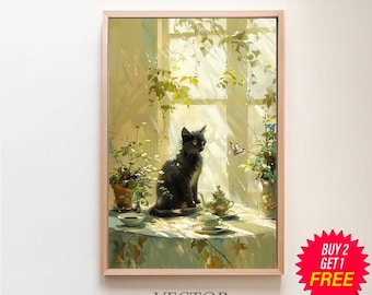 Retro Black Cat & Coffee Print, Vintage Tea Cups Illustration Poster, Kitchen Decor, Cat Mom Gift, Dining Room Wall Art, Still Life Painting
