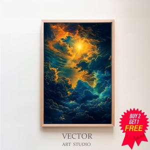 May include: A framed print of a colorful abstract painting depicting a bright sun shining through a sky filled with dark blue and yellow clouds.