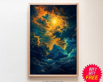May include: A framed print of a colorful abstract painting depicting a bright sun shining through a sky filled with dark blue and yellow clouds.
