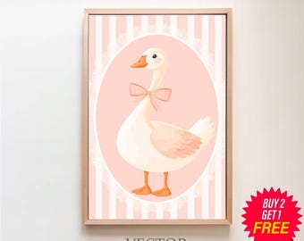 Light Pink Stripe Nursery Decor Vintage Aesthetic Nursery Farm Nursery Decor Girl's Room Goose Print Blue Bow Coquette Art Cute Goose Poster