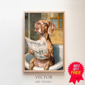 Vizsla auf der Toilette und liest Zeitung, Badezimmer Poster, digitaler download, Geschenk für Hundebesitzer, Funny Dog Picture, Vizsla art