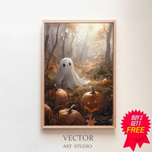 パンプキンパッチの幽霊、ハロウィーンプリント、ビンテージポスター、アートポスタープリント、ダークアカデミア、ハロウィーンの装飾、幽霊