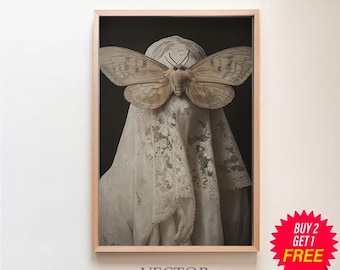 Veiled Woman Moth Art, Gothic Art Witchy Aesthetic, Dark Academia, Occult Poster Gothic Decor, Moody Wall Art, Dark Romance, Halloween Art