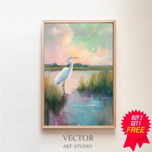 White Heron at Sunset Painting | Egret Shore Bird Wall Art Print | Pastel Summer Marsh Printable | Coastal Beach House Digital Download