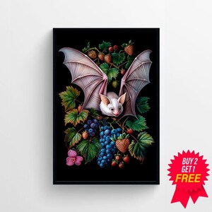 May include: A white bat with pink ears and wings is perched on a vine with green leaves, purple grapes, and red strawberries. The background is black.