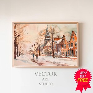 Vintage Style Village Winter Landscape Painting Digital Download Tv Screensaver, Watercolour Town Christmas Frame Tv Art