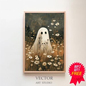 Cute Ghost on a Flower Meadow Vintage Painting, Spooky Farmhouse Halloween Decor, Art Digital Download, Ghost Halloween Edition