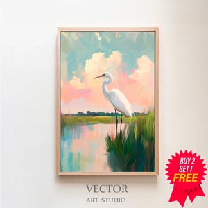 Blue Heron Painting | Pastel Bird Wall Print | Coastal Beach House Digital Download | Impressionist Art | Colorful Summer Marsh Printable