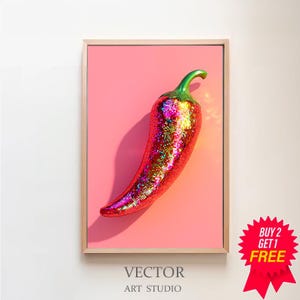 Printable Wall Art, Chili Pepper Disco Ball Maximalist Painting, Mirror Ball Girly Kitchen Print, Dopamine Dining Room Preppy Food Poster