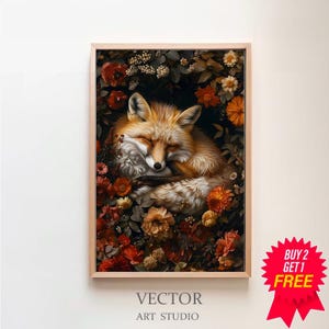 Baby fox in Magic Forest core Dark Cottagecore Academia Floral Botanical Wild Animal Wall Art Decor Moody Vintage Oil painting Printable Art
