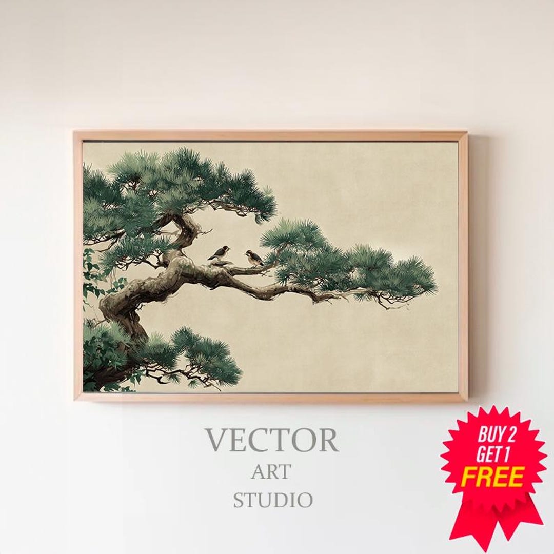 Japanese Pine Tree and Sparrows Print | Sumi E Ink Watercolor ...