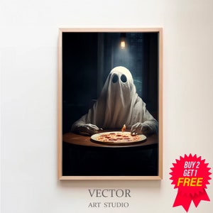 Fantasma comiendo pizza, cartel vintage, fantasma inquietante, impresión de cartel de arte, academia oscura, decoración de Halloween
