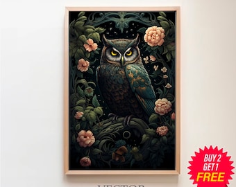 William Morris Inspired Owl Art Print, Bird Print, Forest Print, Owl Wall Art, Owl Gift, Owl Poster Bird Nature Large Wall Art Canvas