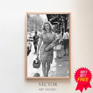 French Woman With Baguette and Wine Wall Art, Streets of Paris France 1940s, Black and White Print, Retro Wall Decor, Vintage Photo